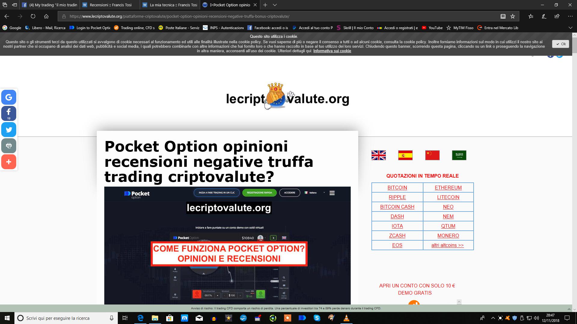 Qui trovate le recensioni sul Broker Pocket Option di lecriptovalute.org